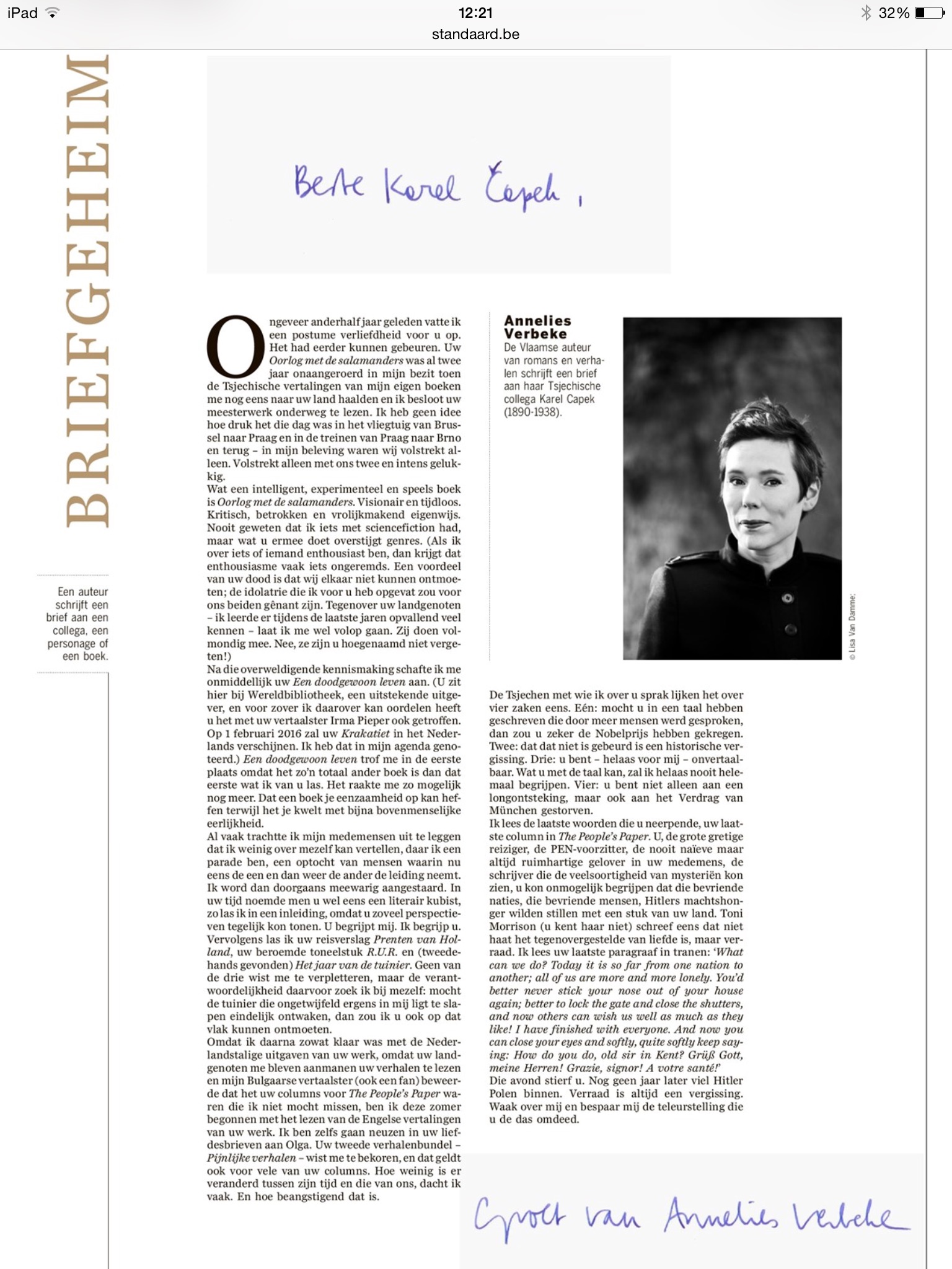 Annelies Verbeke schrijft Karel capek #briefgeheim